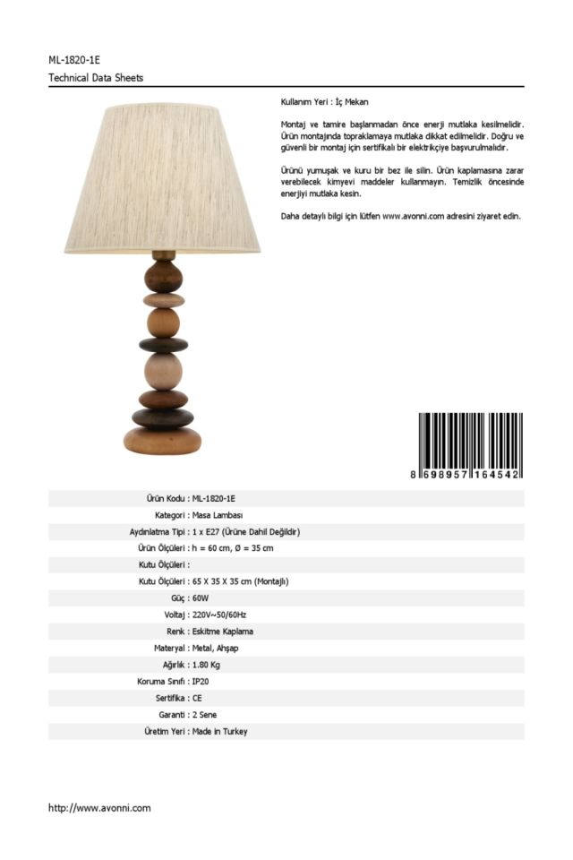 Akarsu Abajur E27 12W 35cm Metal Eskitme Avonni-ML-1820-1E