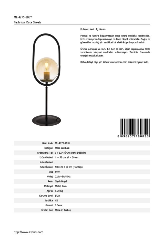 Catch Çalışma Masası Lambası E27 12W 20cm Metal Siyah Dorbien-ML-4275-1BSY