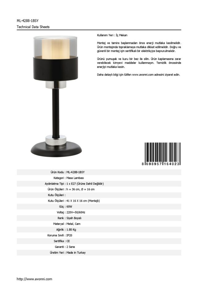 Cabin Çalışma Masası Lambası E27 12W 16cm Metal Siyah Avonni-ML-4288-1BSY