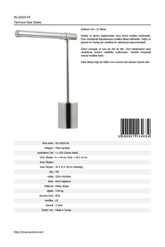 Reader Çalışma Masası Lambası LED 5W 38x10cm Metal Krom Avonni-ML-62020-04