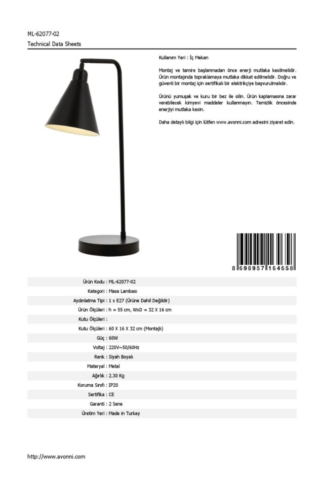 Wendy Çalışma Masası Lambası E27 12W 32x16cm Metal Siyah Dorbien-ML-62077-02