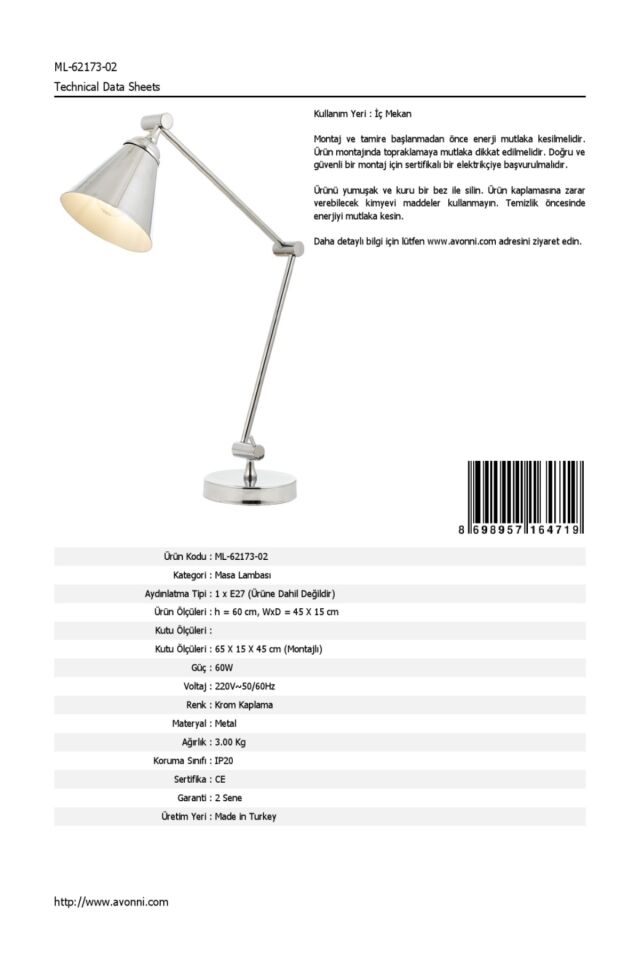 İzzy Çalışma Masası Lambası E27 12W 45x15cm Metal Krom Avonni-ML-62173-02