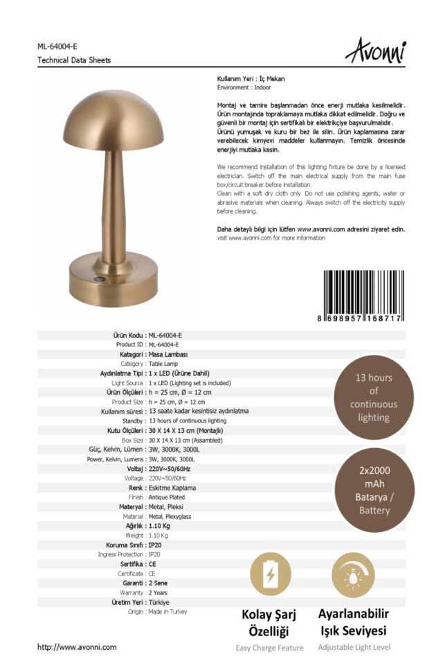 Dark Forest Çalışma Masası Lambası LED 3W 12cm Metal Eskitme Avonni-ML-64004-E