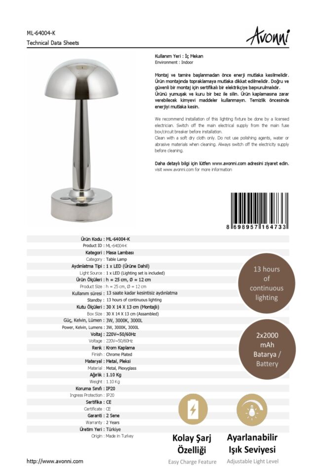 Dark Forest Çalışma Masası Lambası LED 3W 12cm Metal Krom Avonni-ML-64004-K