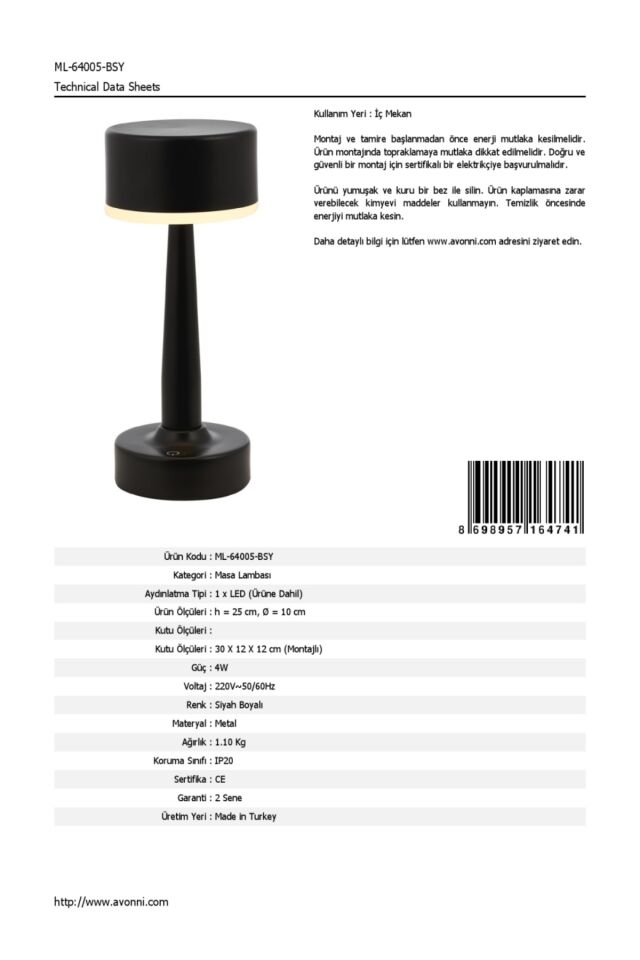 Acceptance Çalışma Masası Lambası LED 3W 11cm Metal Siyah Avonni-ML-64005-BSY