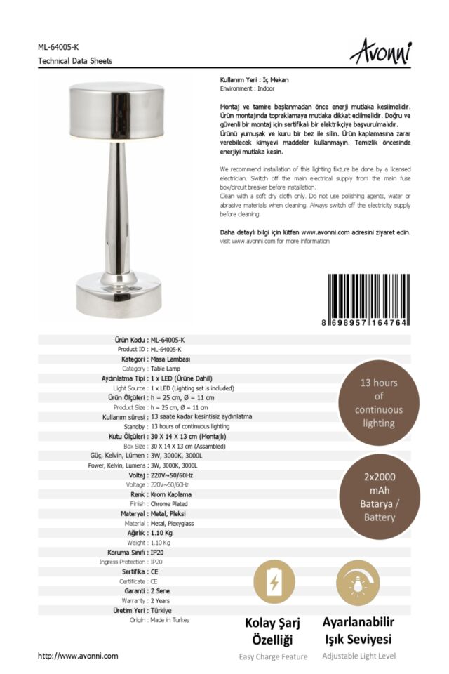 Acceptance Çalışma Masası Lambası LED 3W 11cm Metal Krom Avonni-ML-64005-K