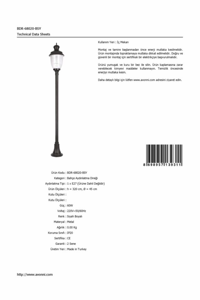 Bahçe Direkleri E27 12W 45cm Alüminyum Siyah Dorbien-BDR-68020-BSY