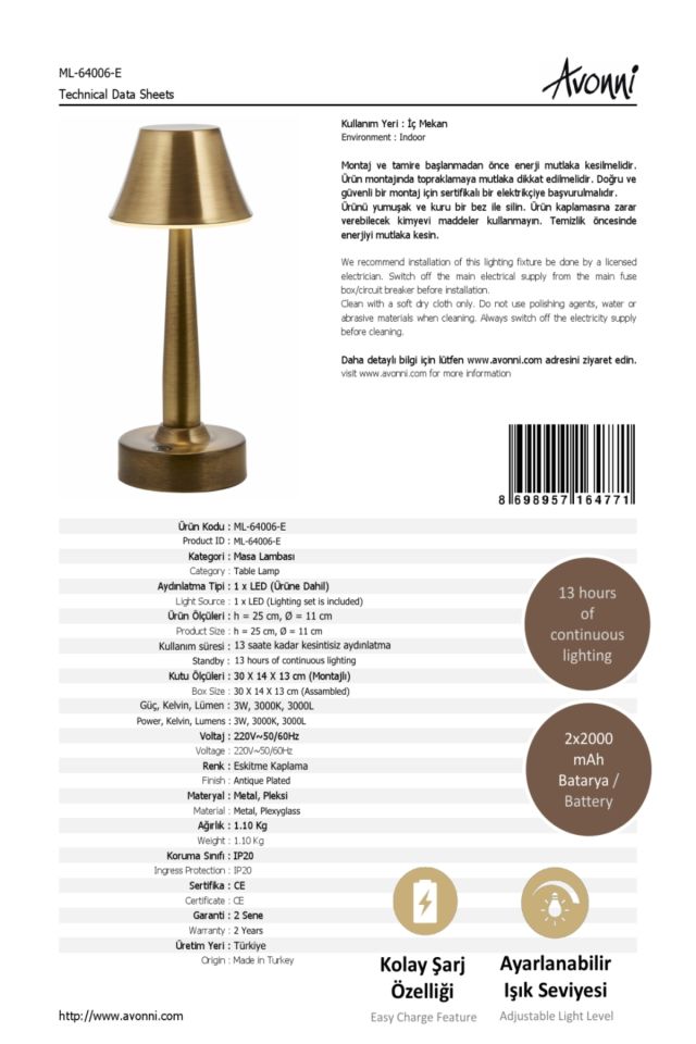 Tracy Çalışma Masası Lambası LED 3W 11cm Metal Eskitme Avonni-ML-64006-E