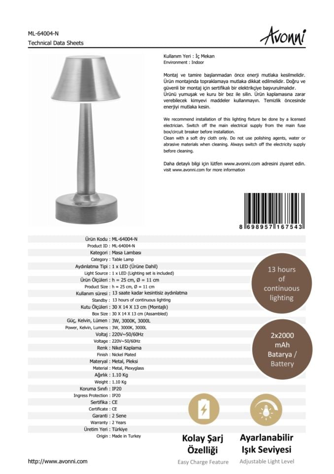 Tracy Çalışma Masası Lambası LED 3W 11cm Metal Nikel Avonni-ML-64006-N