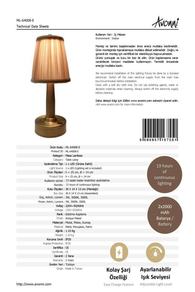 Curtain Abajur LED 3W 13cm Metal Eskitme Avonni-ML-64008-E