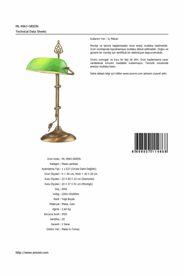 Lara Çalışma Masası Lambası E27 12W 30x20cm Metal Eskitme Avonni-ML-9063-GREEN
