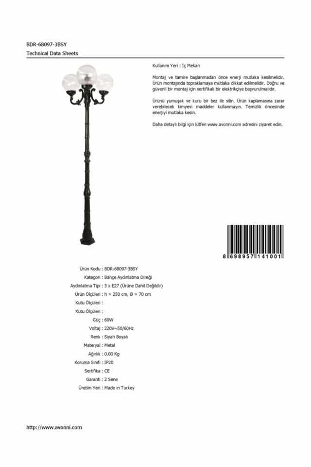 Bahçe Direkleri E27 36W 70cm Alüminyum Siyah Dorbien-BDR-68097-3BSY