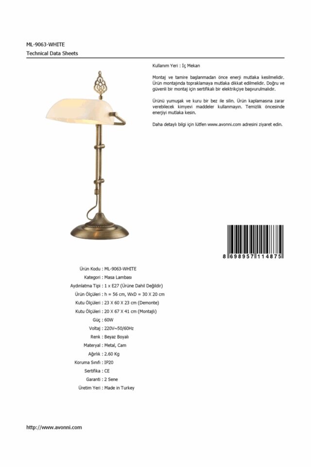 Lara Çalışma Masası Lambası E27 12W 30x20cm Metal Eskitme Avonni-ML-9063-WHITE