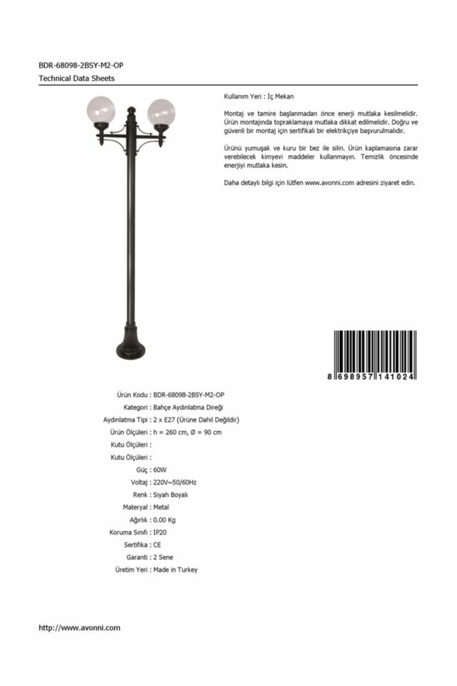 Bahçe Direkleri E27 24W 90cm Alüminyum Siyah Dorbien-BDR-68098-2BSY-M2-OP