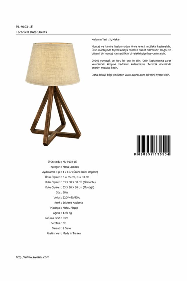 Ayça Abajur E27 12W 33cm Metal Eskitme Avonni-ML-9103-1E