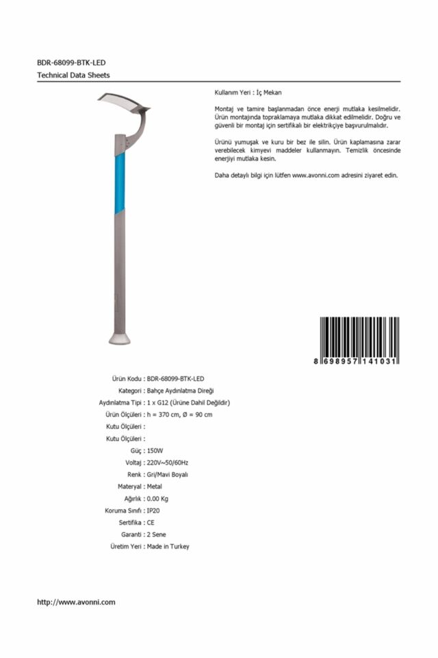 Bahçe Direkleri G12 150W 90cm Çelik Boru Gri/Mavi Dorbien-BDR-68099-BTK-LED