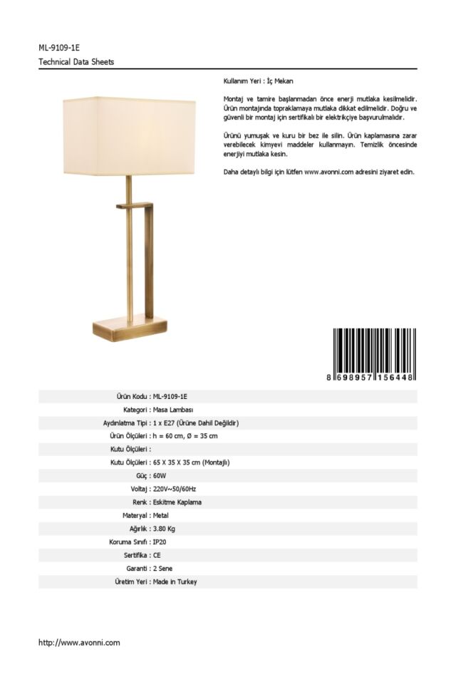 Sırık Abajur E27 12W 30x18cm Metal Eskitme Avonni-ML-9109-1E