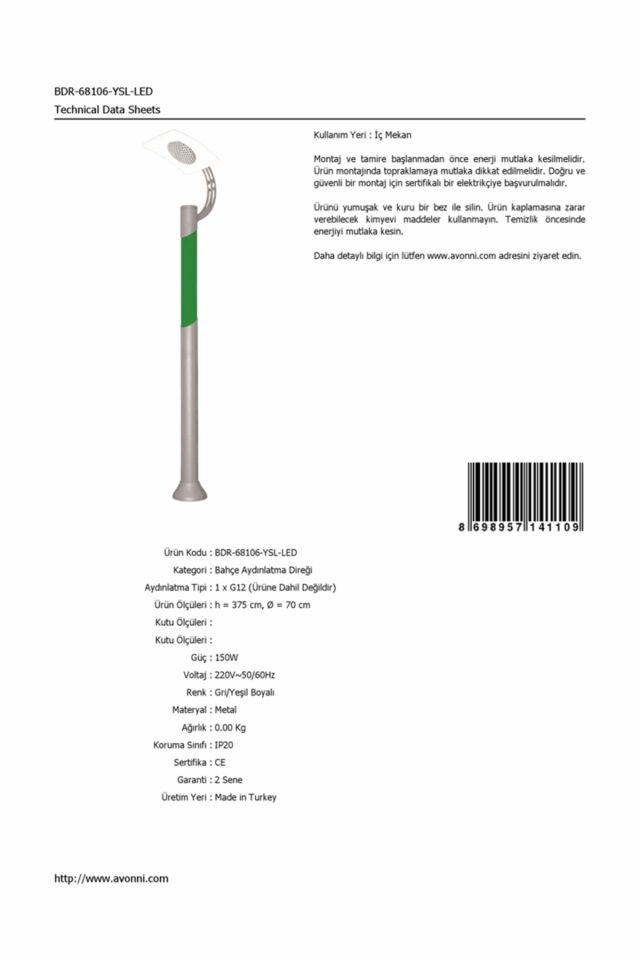 Bahçe Direkleri G12 150W 70cm Çelik Boru Gri/Yeşil Dorbien-BDR-68106-YSL-LED