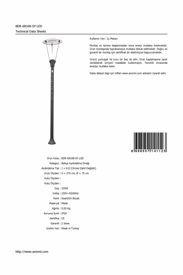 Bahçe Direkleri G12 150W 75cm Çelik Boru Gri/Siyah Dorbien-BDR-68108-SY-LED