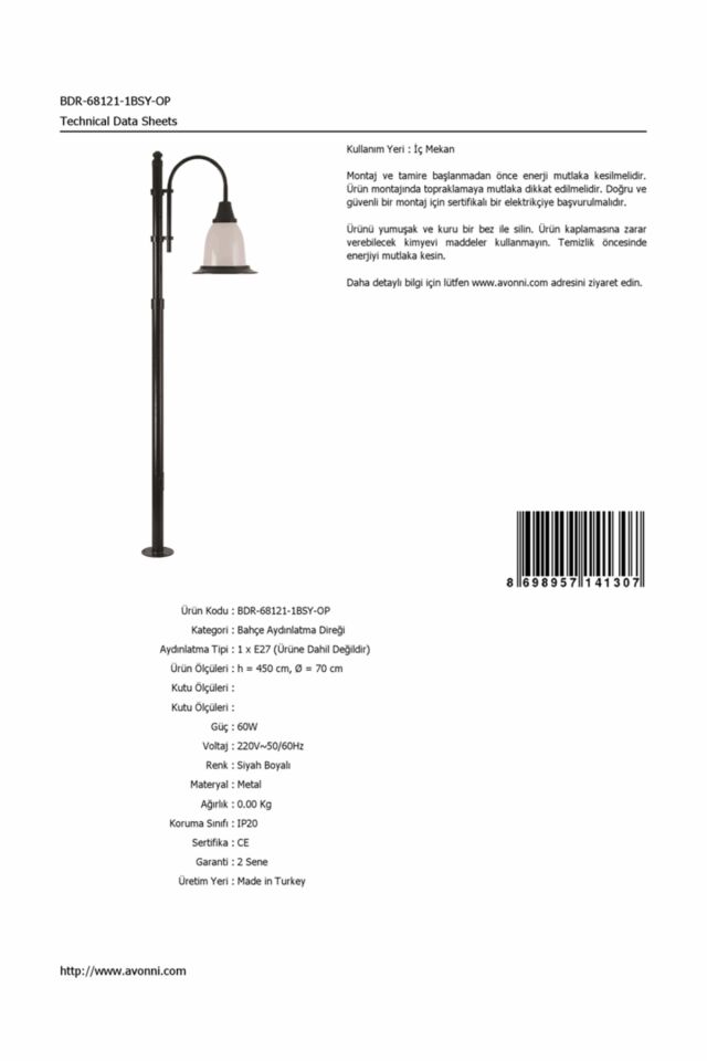Bahçe Direkleri E27 12W 70cm Çelik Boru Siyah Dorbien-BDR-68121-1BSY-OP