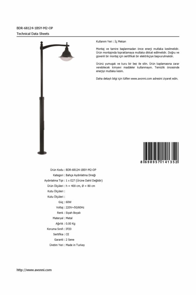 Bahçe Direkleri E27 12W 80cm Çelik Boru Siyah Dorbien-BDR-68124-1BSY-M2-OP