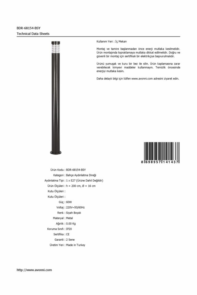 Bahçe Direkleri E27 12W 16cm Alüminyum Siyah Dorbien-BDR-68154-BSY