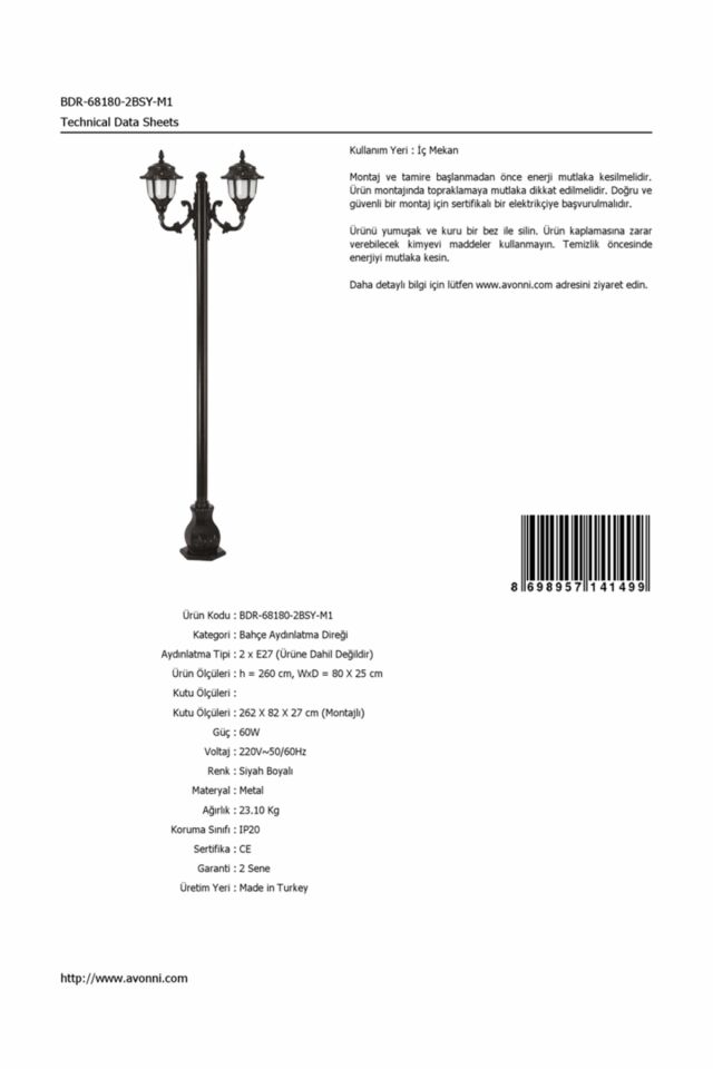 Bahçe Direkleri E27 24W 80x25cm Çelik Boru Siyah Dorbien-BDR-68180-2BSY-M1