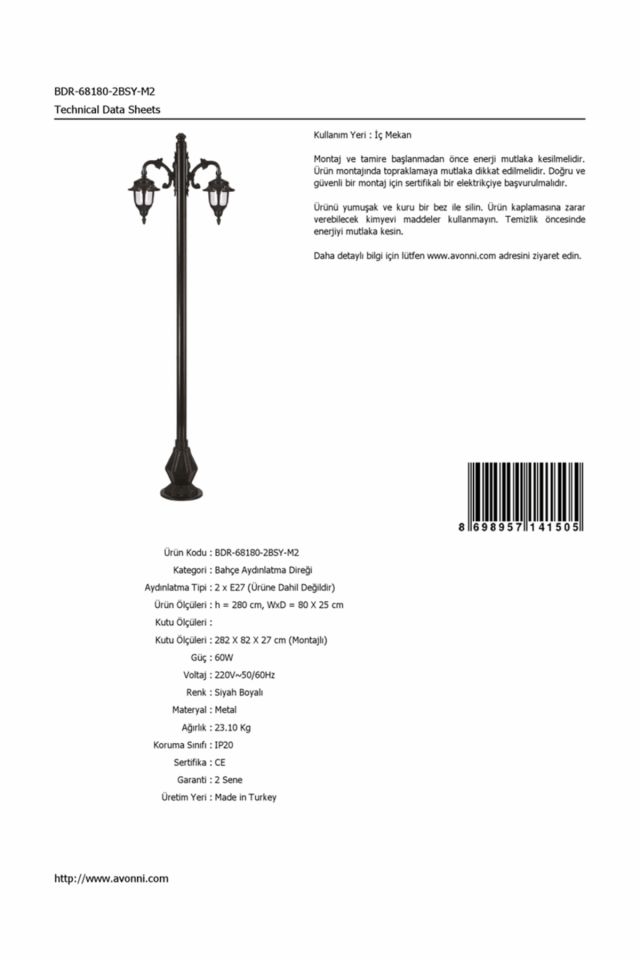 Bahçe Direkleri E27 24W 80x25cm Çelik Boru Siyah Dorbien-BDR-68180-2BSY-M2