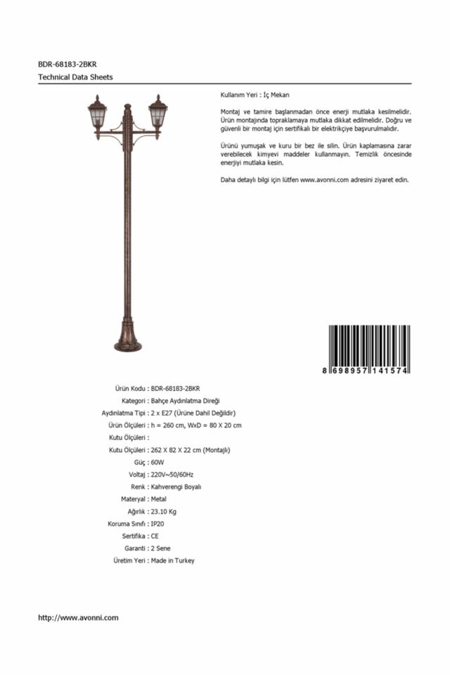 Bahçe Direkleri E27 24W 80x20cm Çelik Boru Kahverengi Dorbien-BDR-68183-2BKR