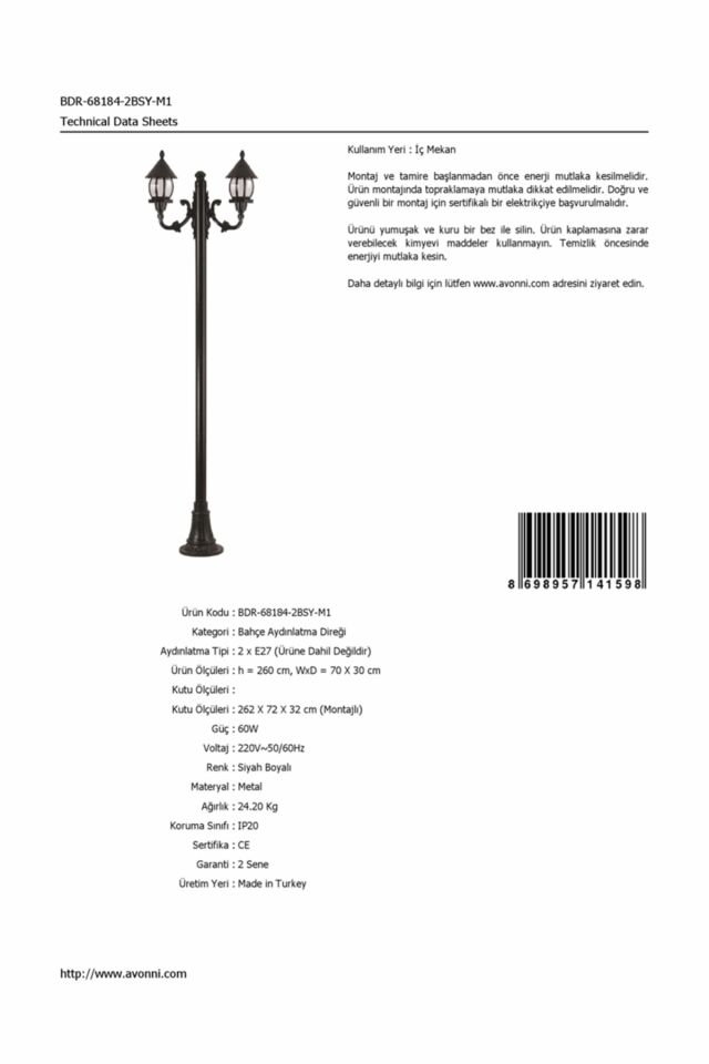 Bahçe Direkleri E27 24W 70x30cm Çelik Boru Siyah Dorbien-BDR-68184-2BSY-M1