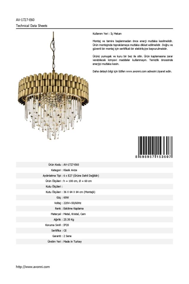 City Klasik Avize E27 72W 60cm Metal Eskitme Avonni-AV-1727-E60