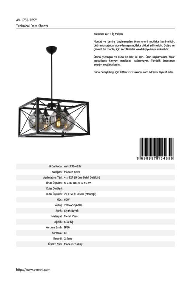X Modern Avize E27 48W 45cm Metal Siyah Avonni-AV-1732-4BSY