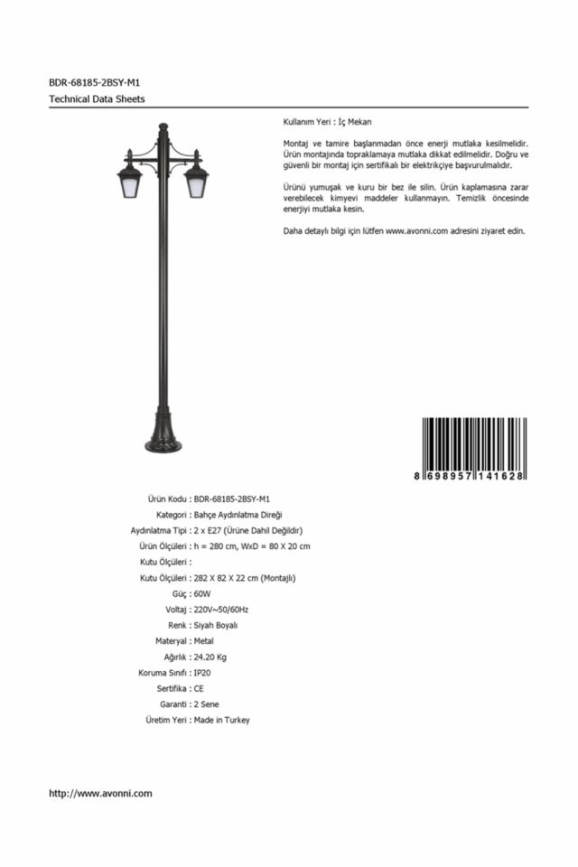 Bahçe Direkleri E27 24W 80x20cm Çelik Boru Siyah Dorbien-BDR-68185-2BSY-M1