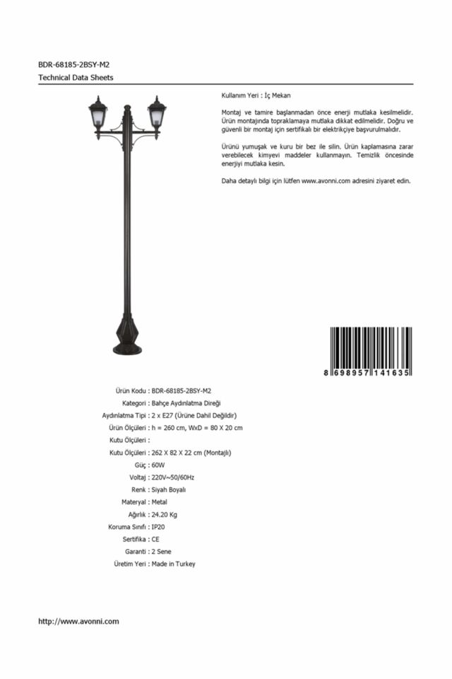 Bahçe Direkleri E27 24W 80x20cm Çelik Boru Siyah Dorbien-BDR-68185-2BSY-M2