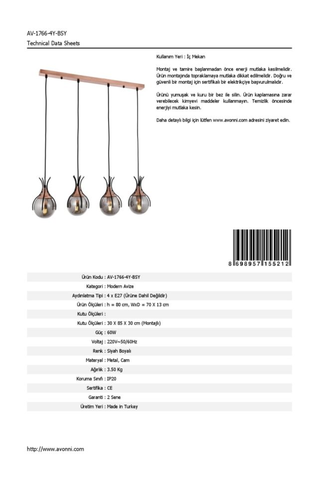 Kasım Modern Avize E27 48W 70x13cm Metal Siyah Avonni-AV-1766-4Y-BSY