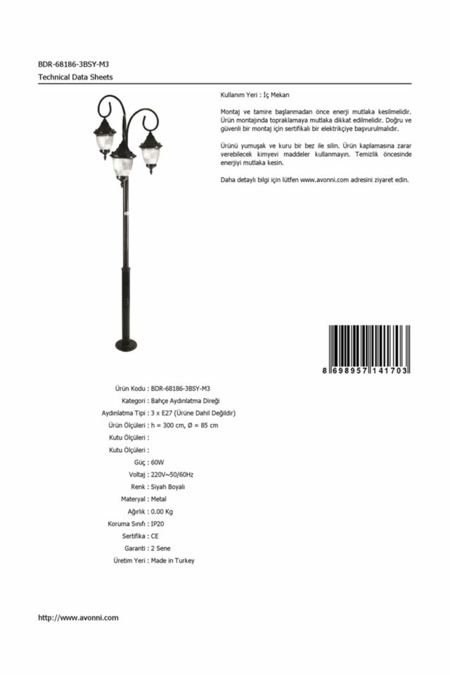 Bahçe Direkleri E27 36W 85cm Çelik Boru Siyah Dorbien-BDR-68186-3BSY-M3