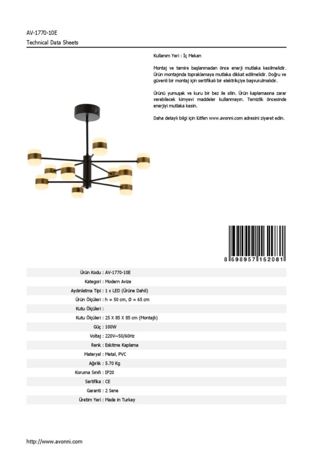 Roll Modern Avize LED 100W 65cm Metal Eskitme Avonni-AV-1770-10E