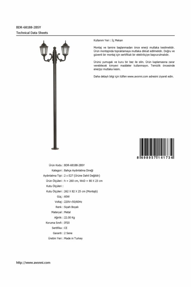 Bahçe Direkleri E27 24W 80x23cm Çelik Boru Siyah Dorbien-BDR-68188-2BSY