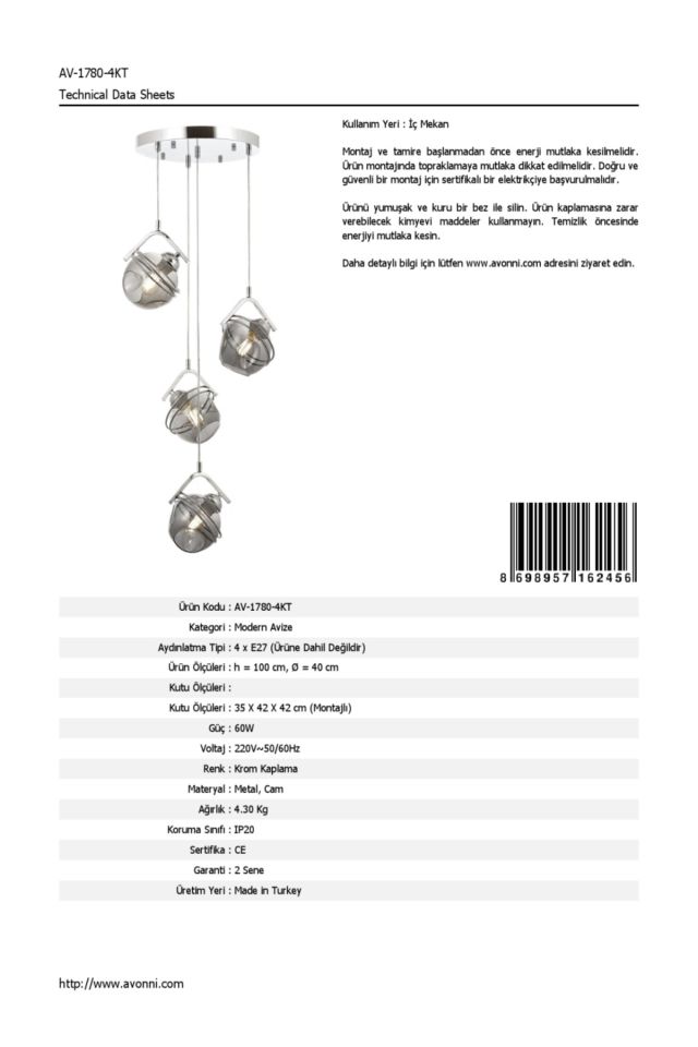 Eliz Modern Avize E27 48W 40cm Metal Krom Avonni-AV-1780-4KT