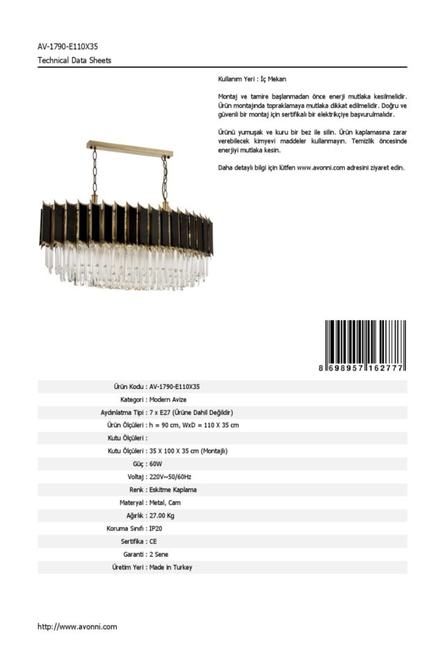 Hurricane Modern Avize E27 84W 110x35cm Metal Eskitme Avonni-AV-1790-E110X35