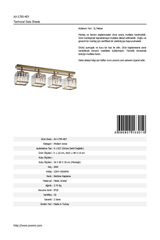 Trap Modern Avize E27 48W 80x15cm Metal Eskitme Avonni-AV-1795-4EY