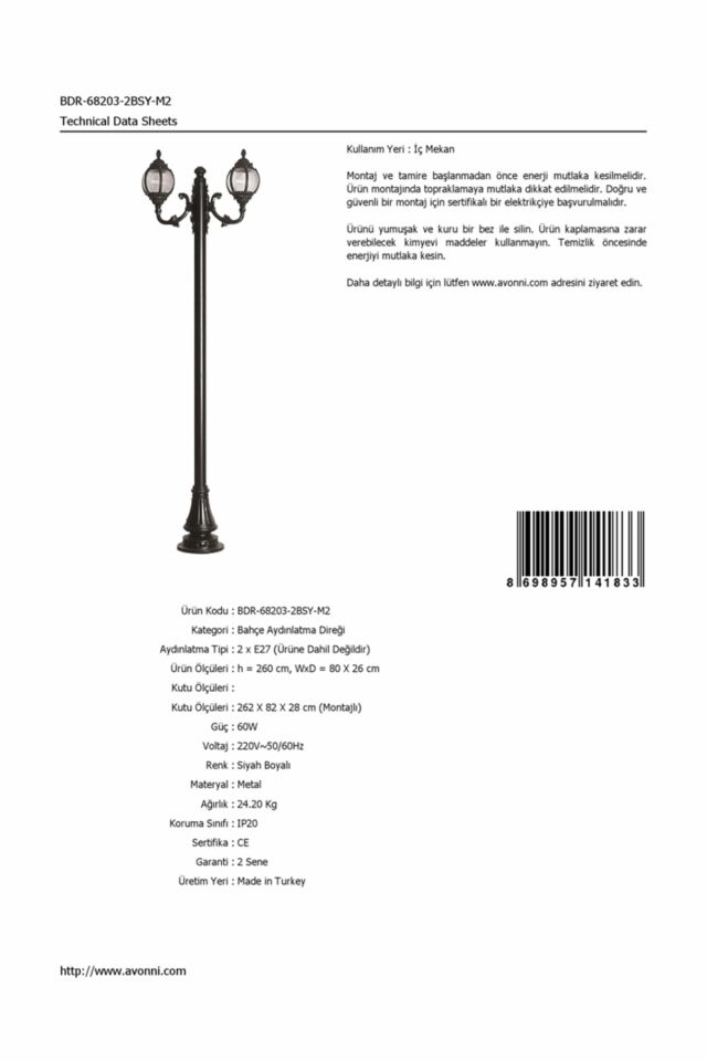 Bahçe Direkleri E27 24W 80x26cm Çelik Boru Siyah Dorbien-BDR-68203-2BSY-M2