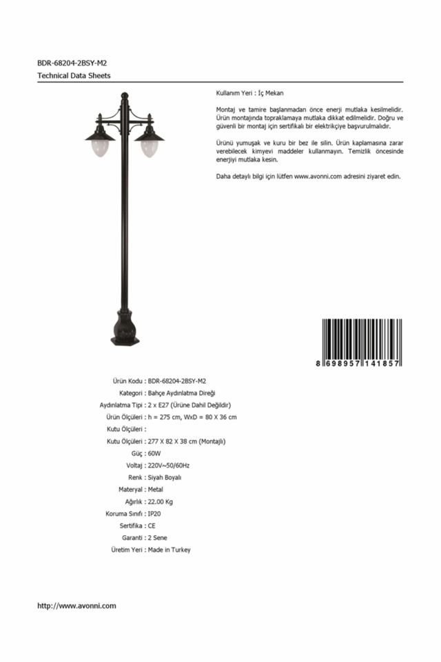 Bahçe Direkleri E27 24W 80x36cm Çelik Boru Siyah Dorbien-BDR-68204-2BSY-M2
