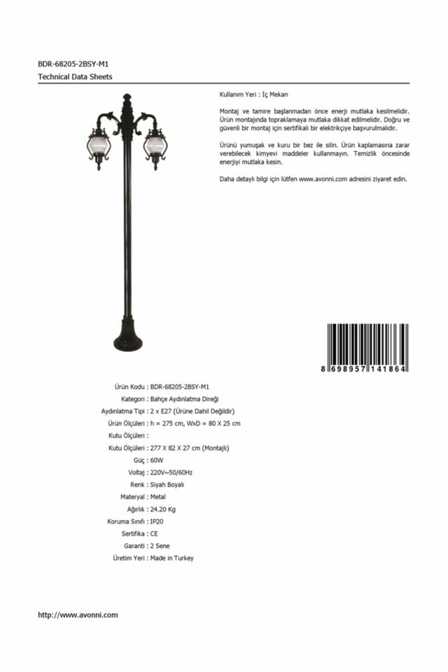 Bahçe Direkleri E27 24W 80x25cm Çelik Boru Siyah Dorbien-BDR-68205-2BSY-M1