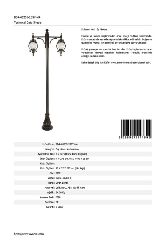 Bahçe Direkleri E27 24W 90x25cm Çelik Boru Siyah Dorbien-BDR-68205-2BSY-M4