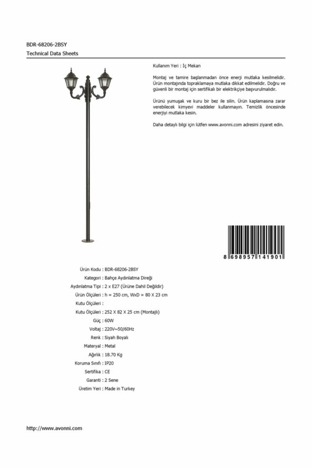 Bahçe Direkleri E27 24W 80x23cm Çelik Boru Siyah Dorbien-BDR-68206-2BSY