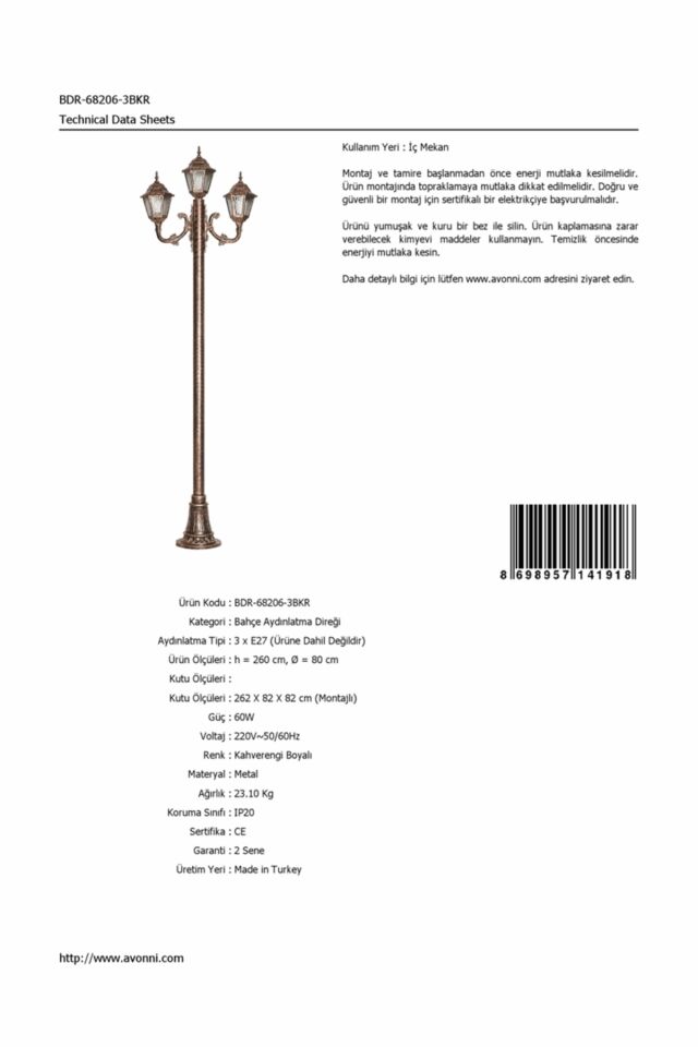 Bahçe Direkleri E27 36W 80cm Çelik Boru Kahverengi Dorbien-BDR-68206-3BKR