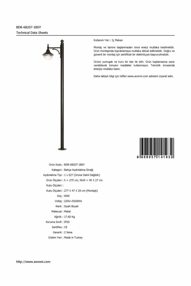 Bahçe Direkleri E27 12W 45x27cm Çelik Boru Siyah Dorbien-BDR-68207-1BSY