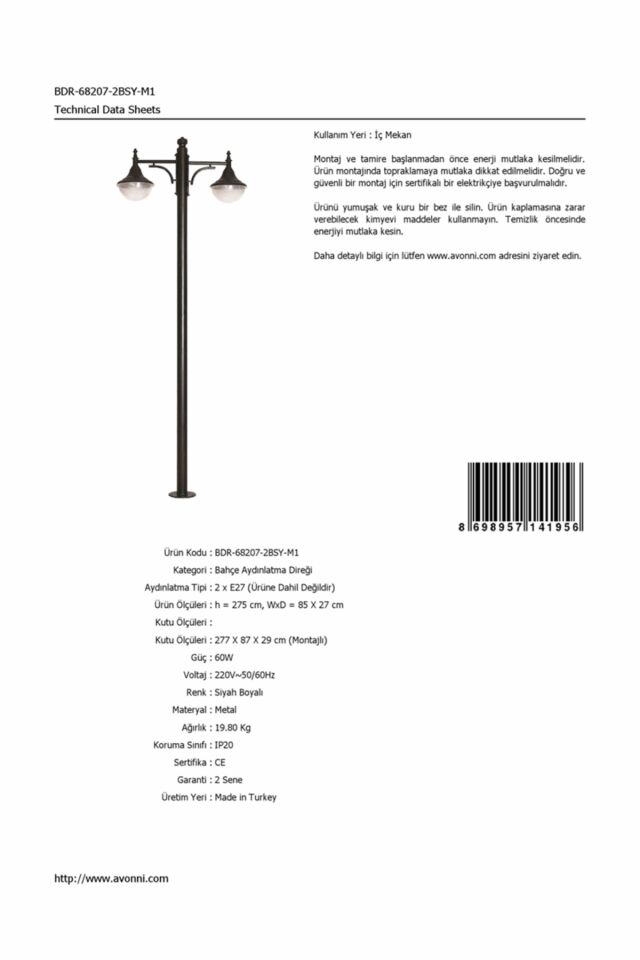 Bahçe Direkleri E27 24W 85x27cm Çelik Boru Siyah Dorbien-BDR-68207-2BSY-M1