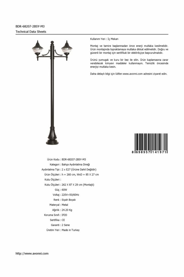 Bahçe Direkleri E27 24W 85x27cm Çelik Boru Siyah Dorbien-BDR-68207-2BSY-M3